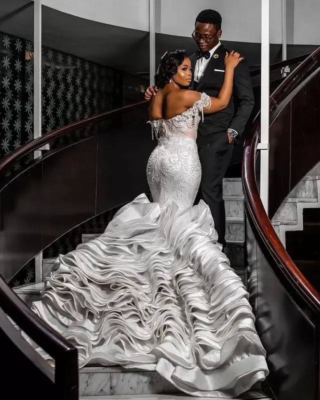 African Plus Size Mermaid Wedding Dresses Bridal Gown Ruffles Off Shoulder Tassle Lace Applique Tulle Sweep Train Custom Made vestidos 2024