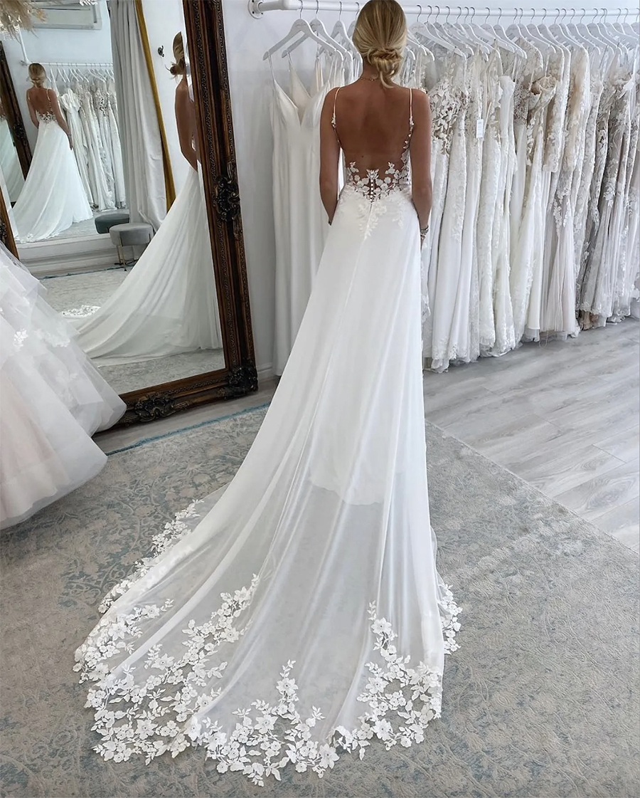 Boho Lace A Line Wedding Dresses Straps Backless Button Appliques Sweep Train designer wedding bridal gowns