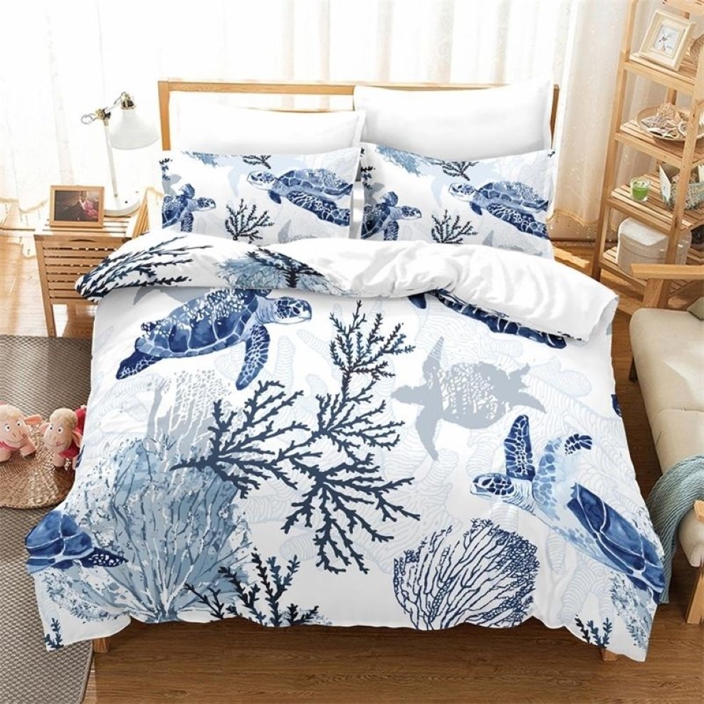 Set copripiumino tartaruga marina Federe cuscini Set biancheria da letto tartarughe animali oceanici Queen Twin Tessuti la casa bambini Mappa Copripiumino corallo King 2279Z