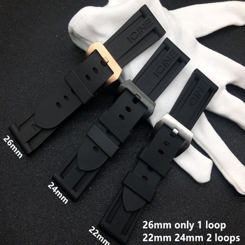 Watch Bands 22mm 24mm 26mm Black Waterproof Silicone Rubber watchband Panerai strap for PAM111 Buckle Logo tools3237