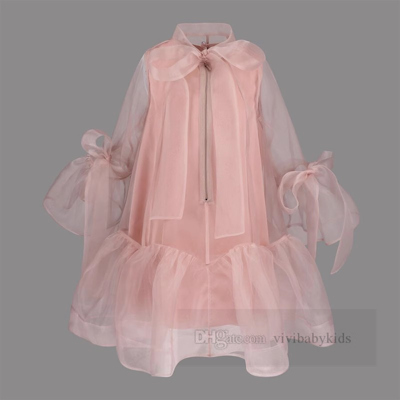 Girls falbala silk princess dresses kids lace-up Bows tie flare sleeve dress Ball Gown children performance clothing Z7026