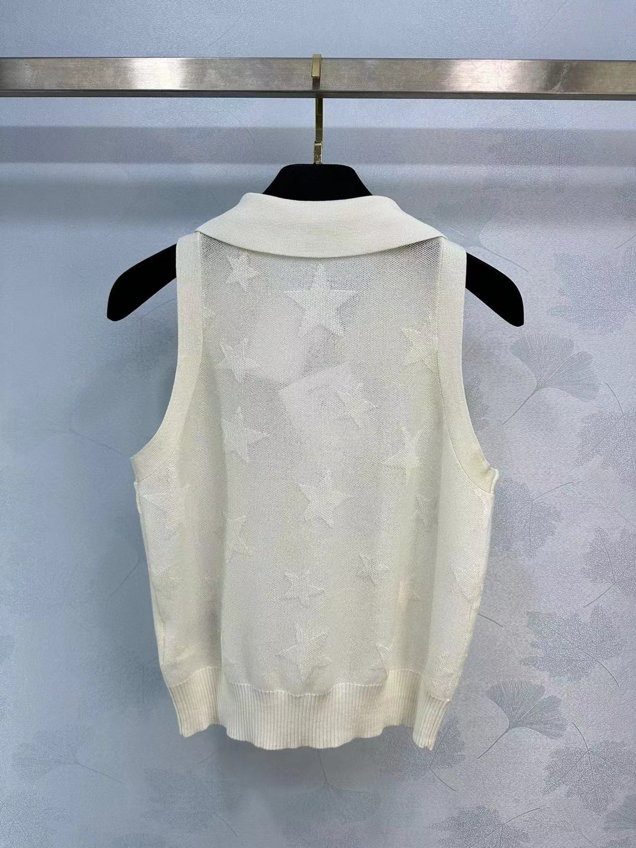 2024 Knitting White lapel Neck Sleeveless Women Knits Designer Appliques Stars Short Women Tops 30816