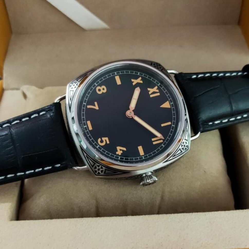 No LOGO 47mm cassa incisa in acciaio inossidabile 316L orologio meccanico manuale da uomo quadrante nero California movimento ST3600 orologio da polso241R