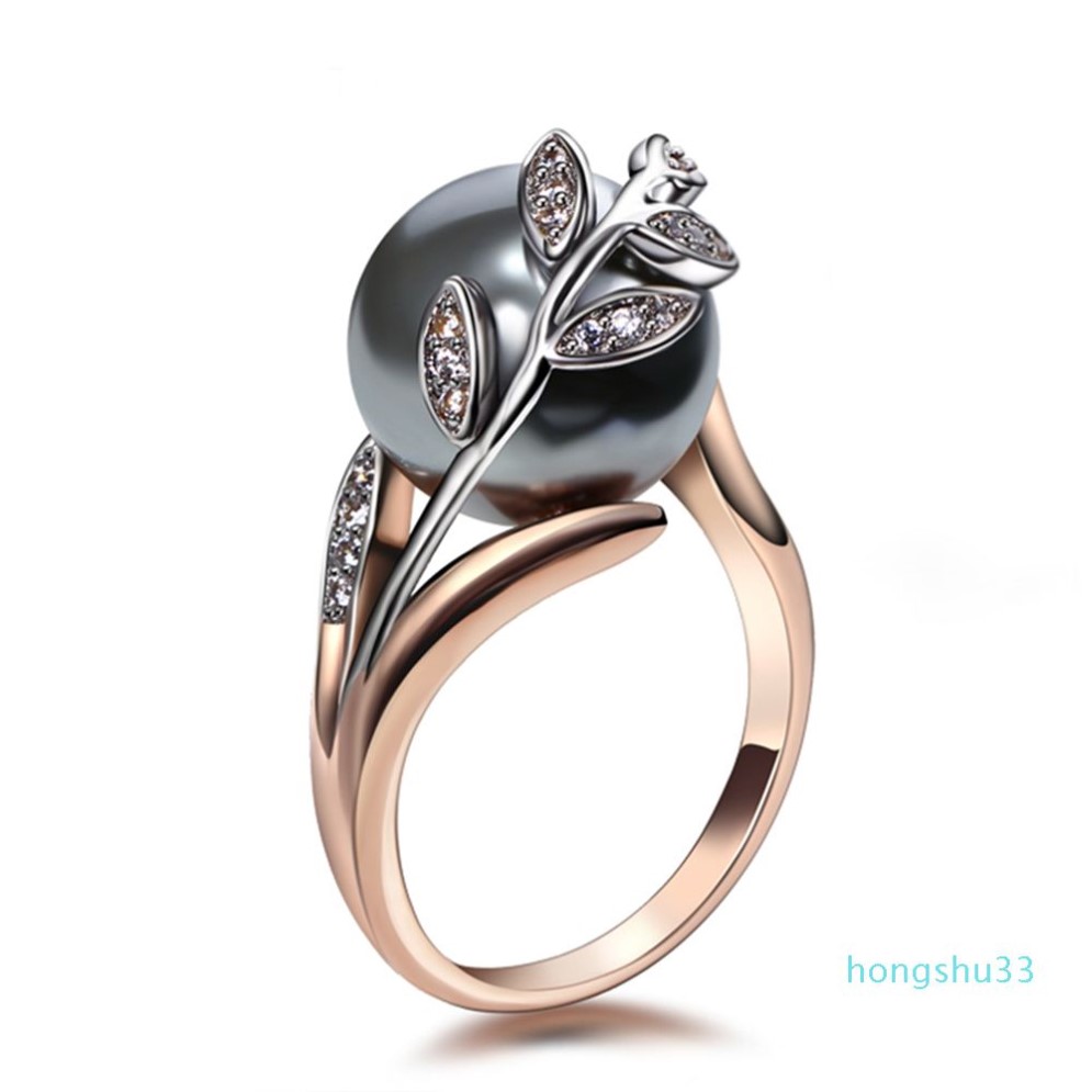Trendy Rose Gold Color Ring Big Grey Pearl Women Leaf Trendy Jewely Drop Anel Anillos aneis Bagues Femme Statement Jewe260f