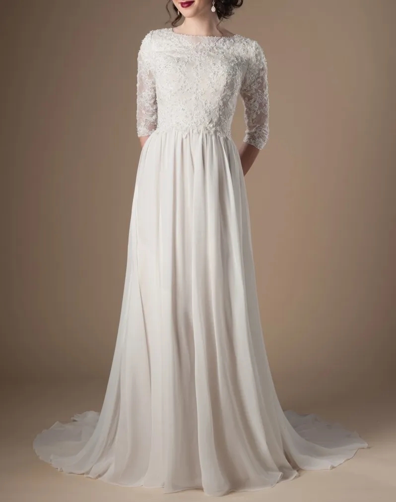 Abiti da sposa modesti color avorio champagne con maniche a 3/4 con perline in pizzo a-line in chiffon Boho abito da sposa informale LDS abito da sposa religioso YD