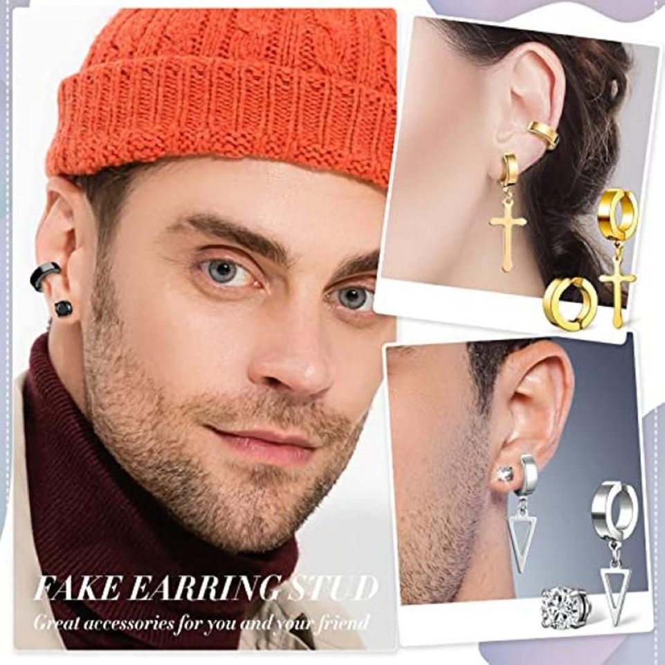 スタッド15ペア磁気偽のイヤリングステンレス鋼クロスダングルフープノンピアスユニセックスクリップEarring315y