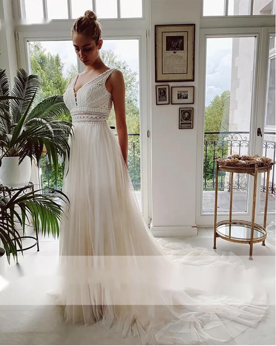 Vestido de Novia Boho Wedding Dresses 2024 V Neck Beach Lace Bridal Wedding Gowns Elegant Bohemian Tulle A Line Bridal Dress YD