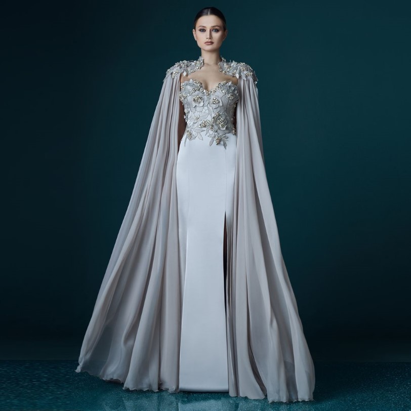 Nowy elegancki szary szyfon długi płaszcz koronkowy aplikacje prosta sukienka wieczorowa Vestidos Prom Lady Maxi suknia Flowing Event Celebrity Lon298p