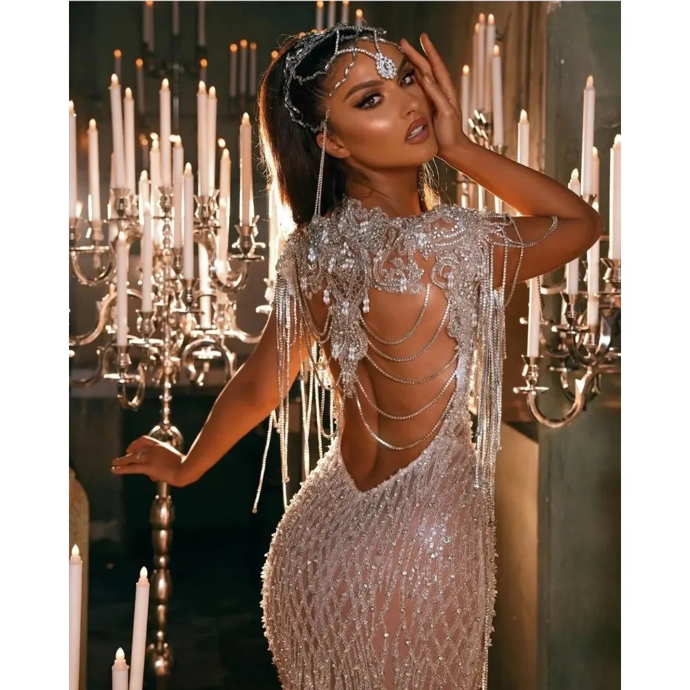 TOUNNINGBRIDE 2024 Luxury Wedding Dress Mermaid Sparkly Crystal Beaded Tassel Sheer Neck Diamonds Design Brudklänningar Illusion Backless Custom Made YD YD