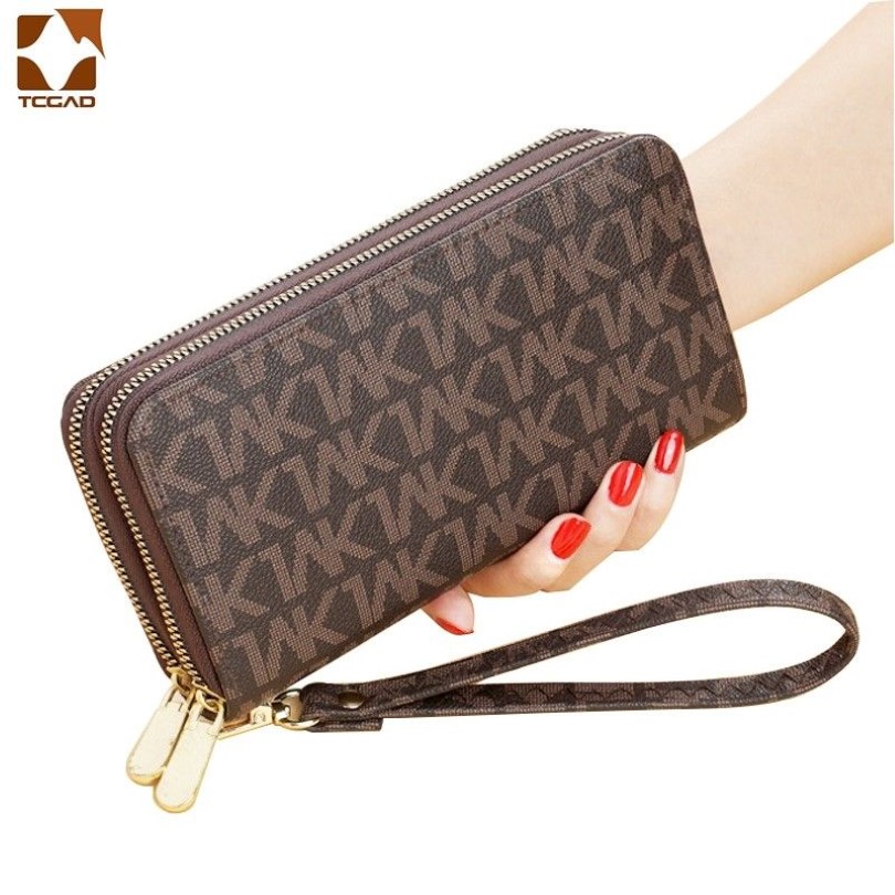 Femmes portefeuilles longs Double fermeture éclair embrayages sac à main grande lettre mode bracelet portefeuille téléphone Portfel Damski porte-carte Lady Wallets350o