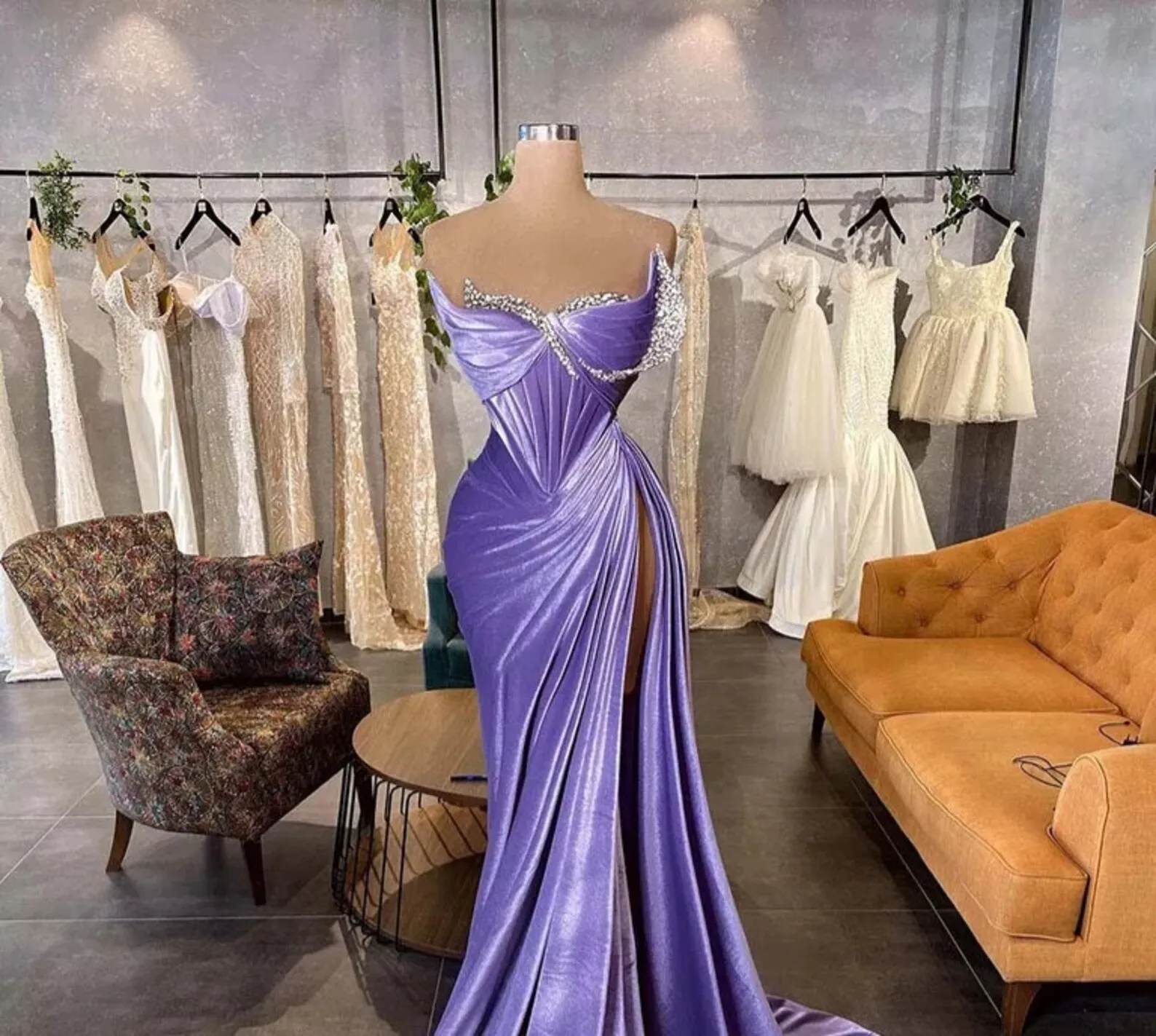 Lavender Elegant Velvet Prom Dresses Dubai Arabic Mermaid Women Special Occaion Party Gowns Pleated Sparkly Crystals High Split Sexy Formal Evening Gowns CL2768