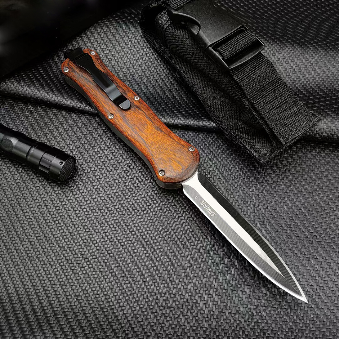 BM A019 OTF Auto Knife D2 Steel Blade, Zink Aluminium Alloy + Sandalwood + Color Shell Handtag, Outdoor Tactical Combat Self-Defense Knives EDC Tool