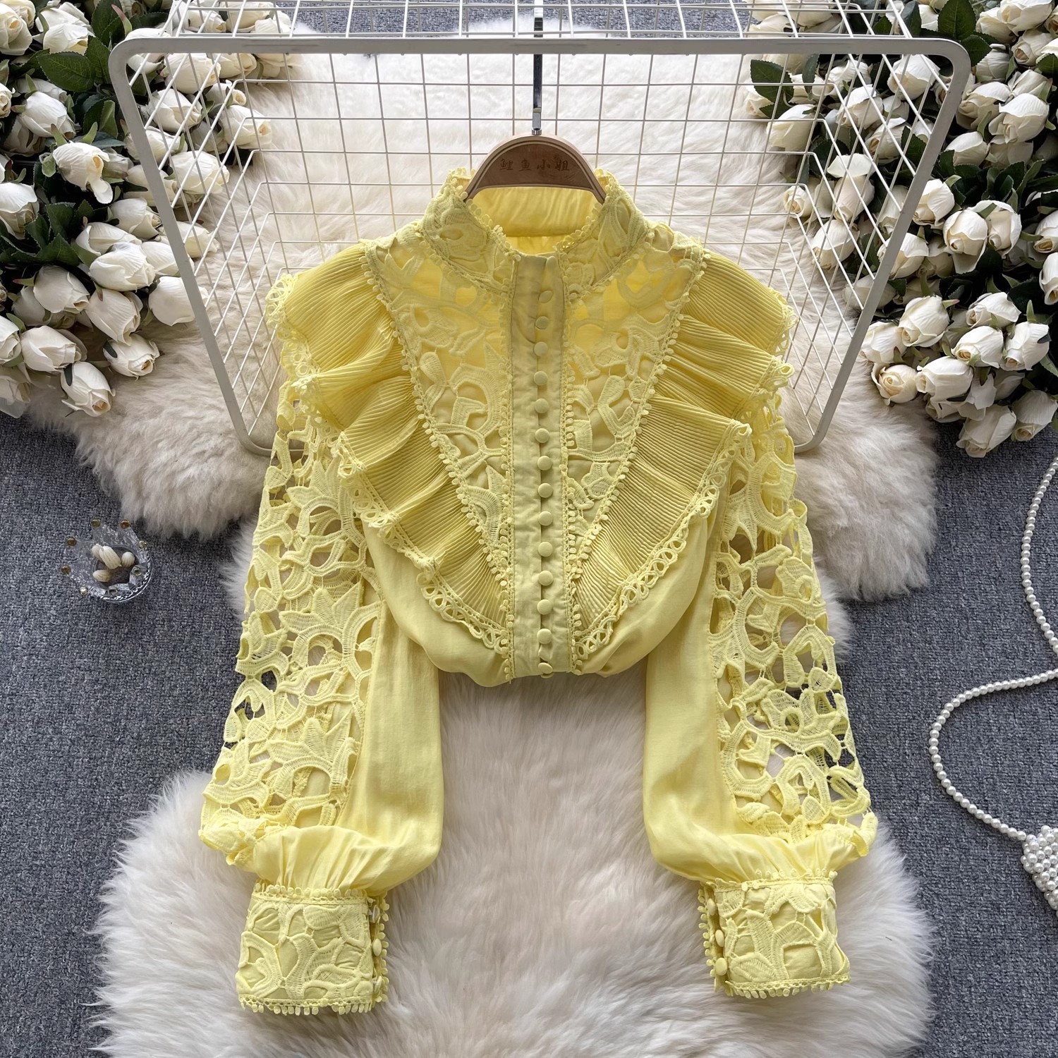 Women's Blouses High Quality Embroidery Vintage Shirt Women Stand Collar Long Sleeve Ruffles Sweet Top Hollow Out Lace Loose Blouse 2024