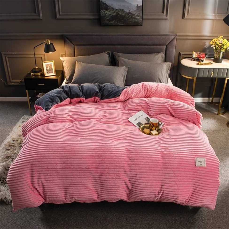 43 Thick Coral Velvet Solid Stripe Bedding Set Winter Warm Flannel Duvet Cover Bed Fitted Sheet Pillowcases Single product 2012102767