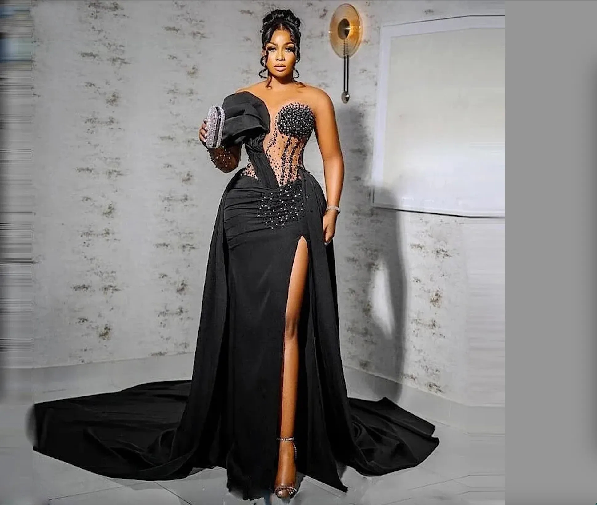 Arabic Aso Ebi Black Mermaid Prom Dresses Overskirts Satin Sheer Neck Lace Beaded Formal Occasion Evening Gowns Sexy Side Slit Ruched Second Reception Dress YD