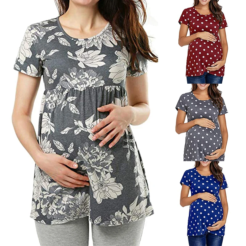 T-shirt kadın hamilelik gündelik tişört annelik yaz kısa kollu nokta baskı tees üstleri hamile tunik bluz annelik giysileri
