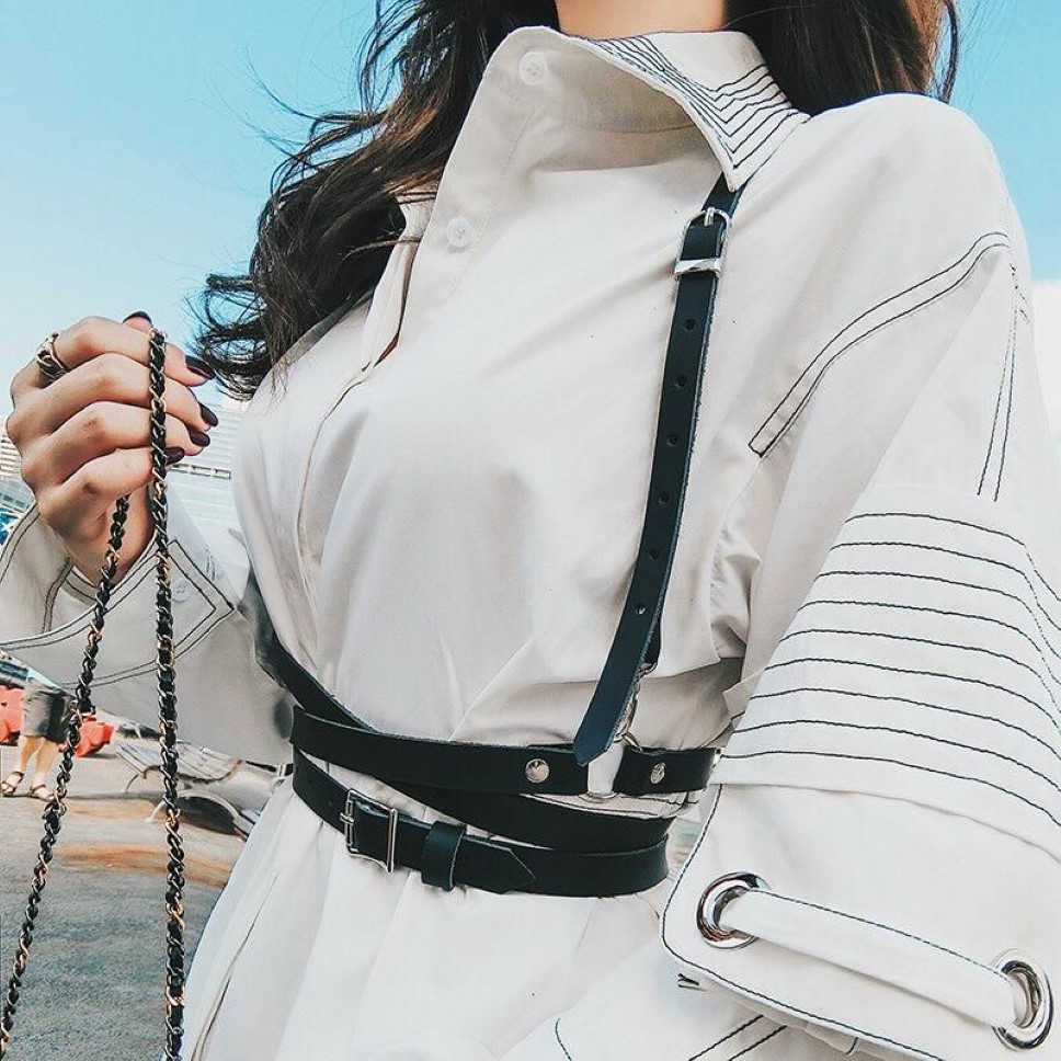 Bälten 2021 mode kvinnor läder sele bälte handgjorda hals till midjesusender kroppsgirdle svart309x