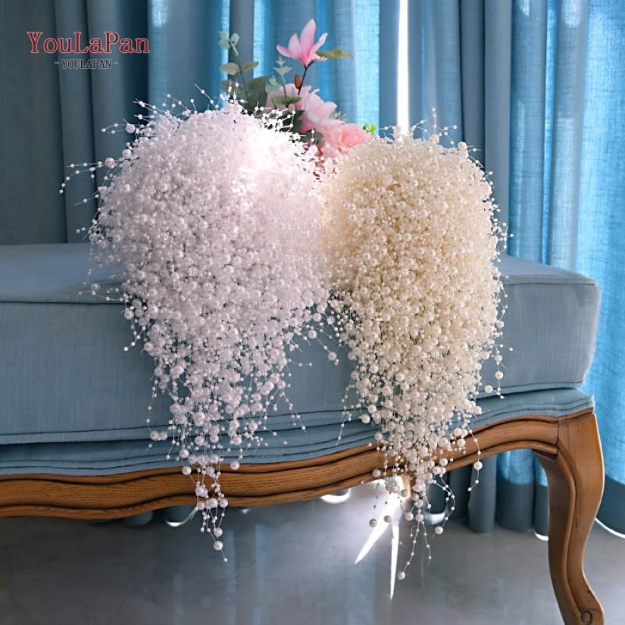 Flores de casamento youlapan f24 pérolas completas buquê branco marfim artesanal waterfull noiva acessórios de noiva de luxo jóias254t