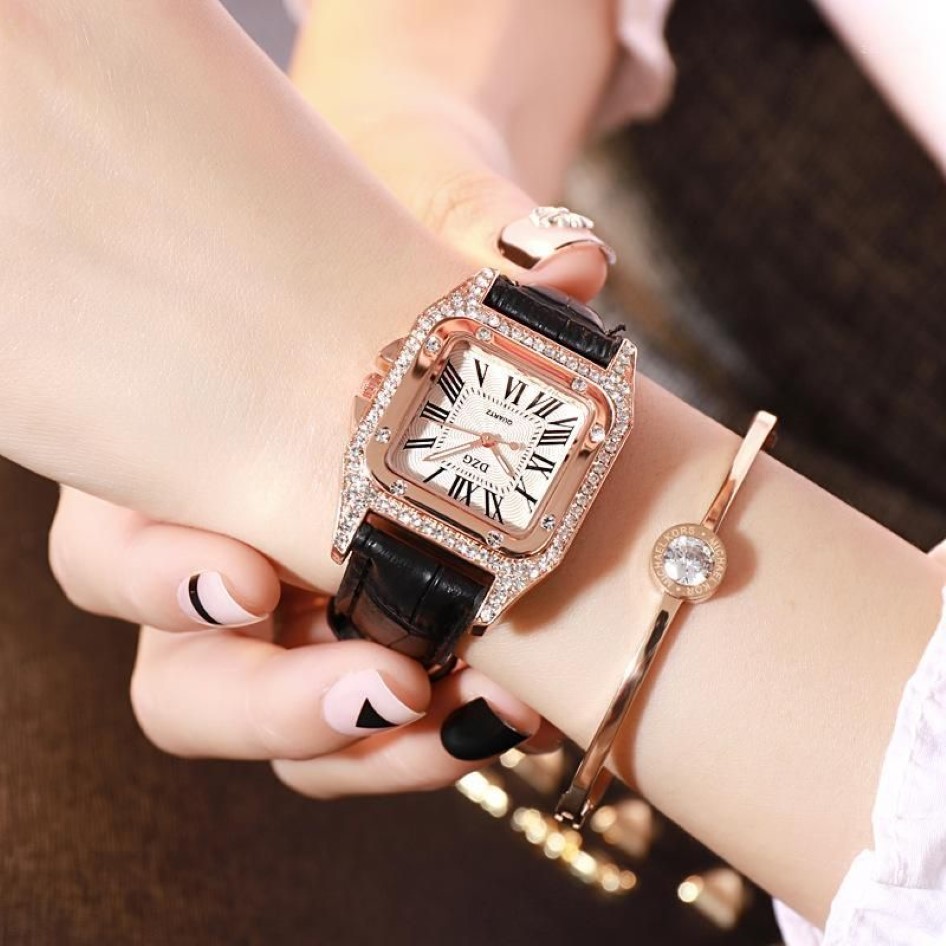 Dameshorloge voor vrouwen lederen band quartz horloge vrouwelijk dameshorloge mode luxe diamant vierkante klok zegarek damski262D