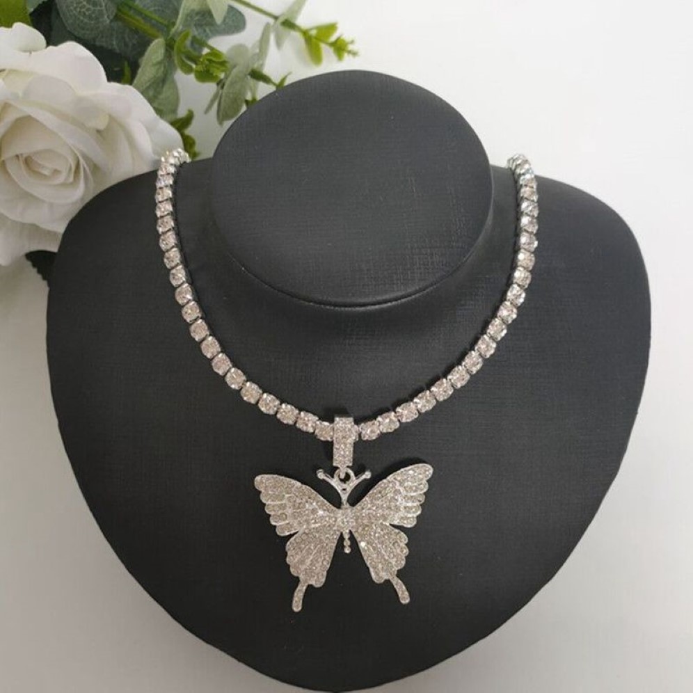 Luxury Big Butterfly Statement Necklace Rhinestone Necklaces For Women Tennis Chain Crystal Choker Wedding Jewelry Gift248h