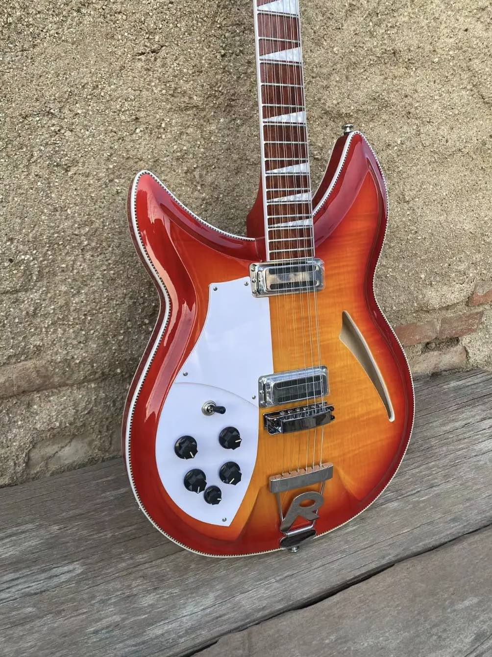 Özel yarı içi boş gövde sol elle 12 tel 381 kiraz sunburst elektro gitar, alevli akçaağaç kuyruk parçası köprü