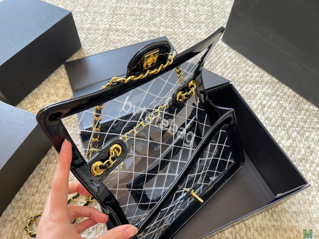 CHトップハンドバッグデザイナー透明なボックスバッグ女性贅沢なアクリル透明な印刷ハンドバッグファッションチェーンジェリーパック25*16cm