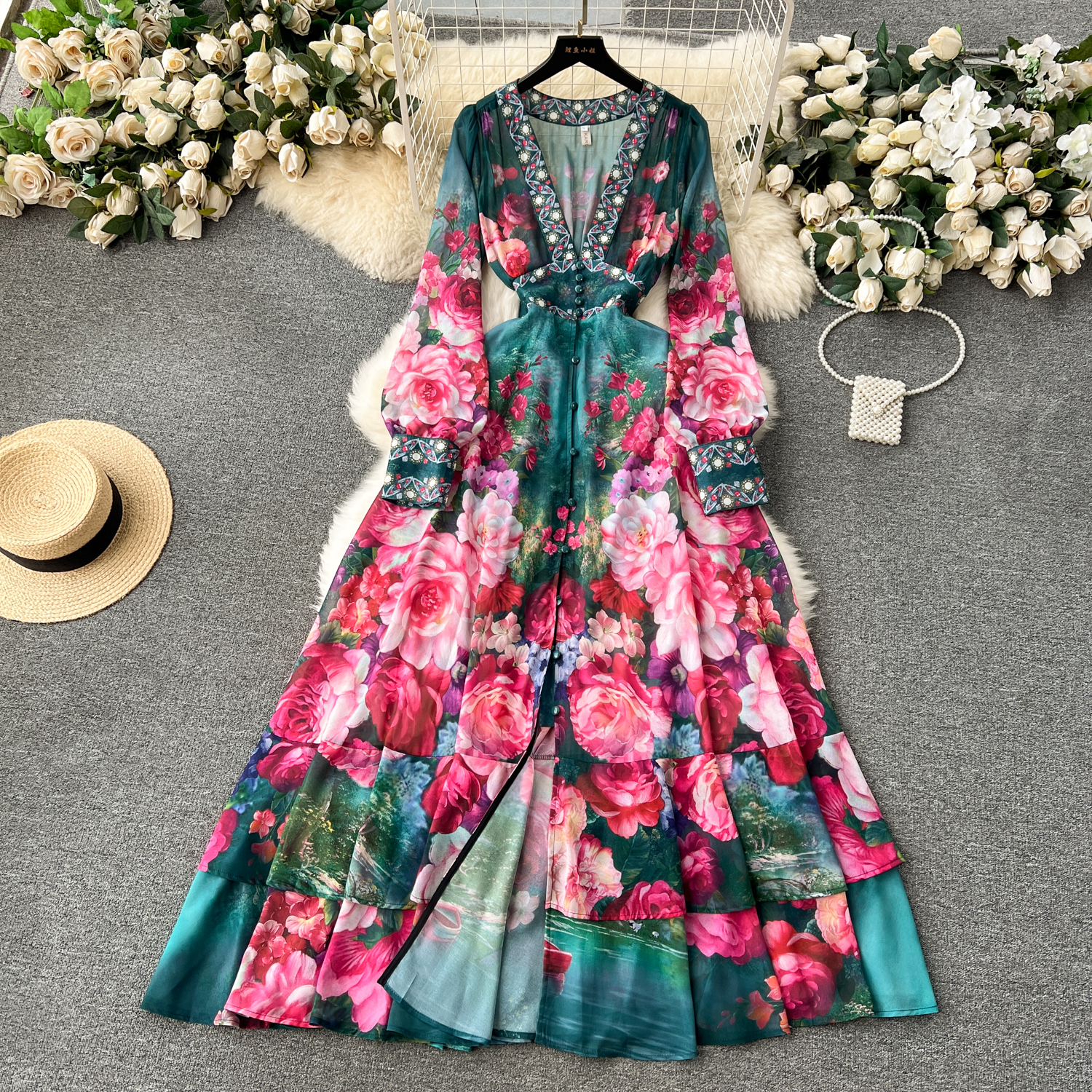 Abiti casual Pista di moda Splendido fiore in chiffon Cascata di volant Abito da donna Profondo scollo a V Manica lunga Stampa floreale Boho Robe Vestido 2024