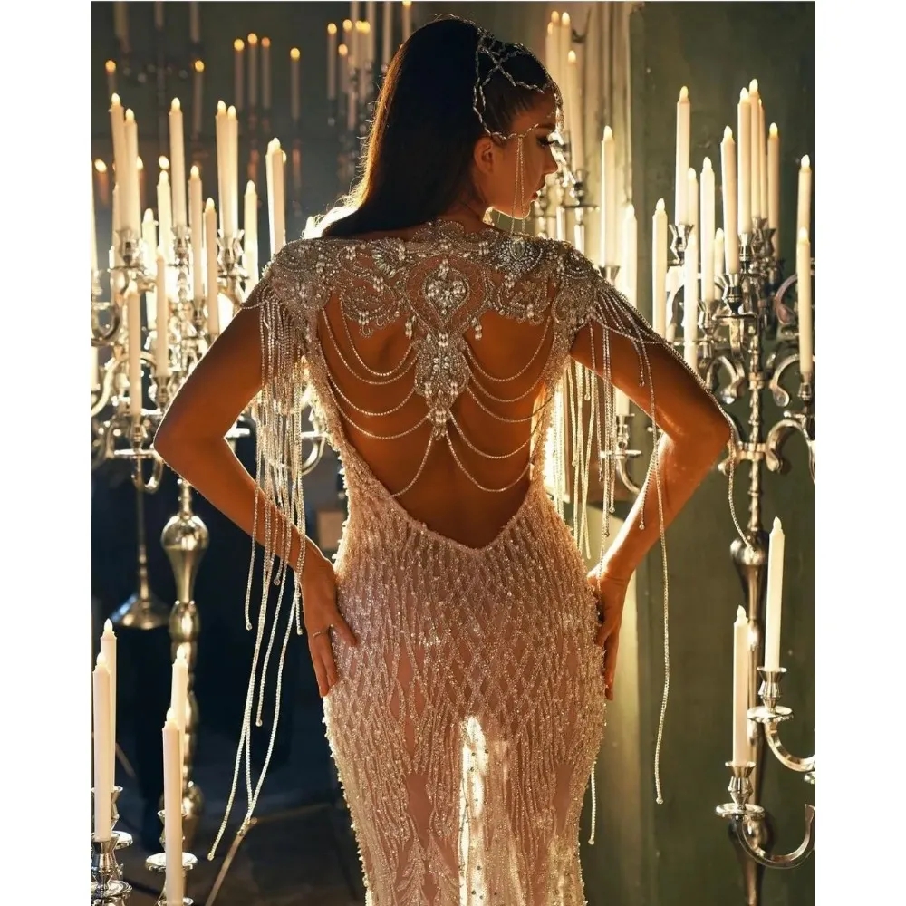 Stunningbride 2024 럭셔리 웨딩 드레스 Mermaid Sparkly Crystal Beaded Tassel Sheer Neck Diamonds 디자인 신부 가운 Illusion Backless Custom Made YD