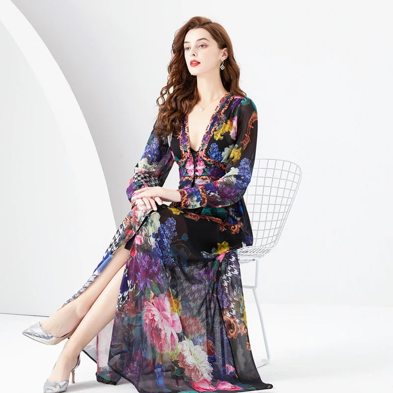 Basic Casual Dresses New 2024 Summer Bohemian Chiffon Maxi Dress Women's Deep V-Neck Long Lantern Sleeve Floral Print Boho Robe Vestidos