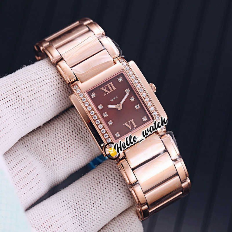 Watches Men Luxury Brand Twiny-4 4910 11R-010 Mark Brown Dial Swiss Quartz Womens Watch Diamond Bezel Rose Gold Steel Bracelet LD181A