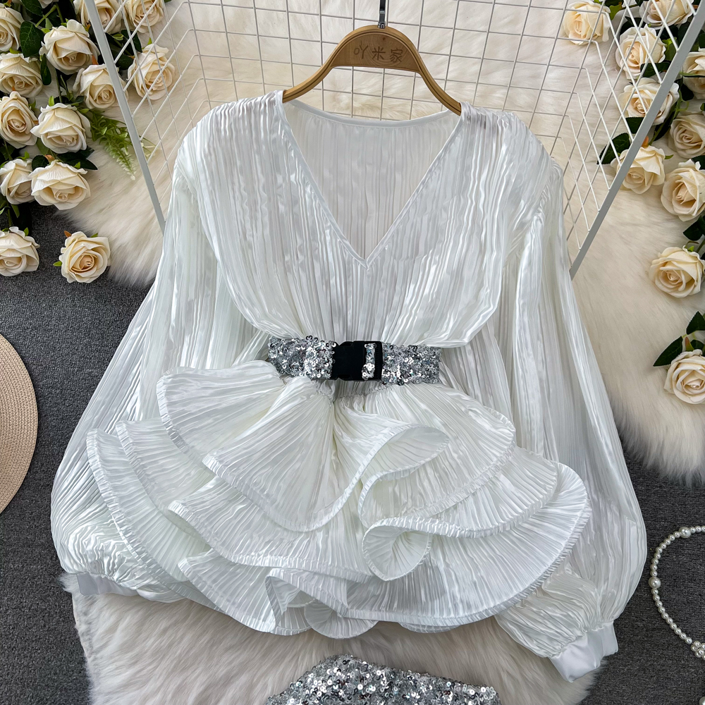 Two Piece Dress Women Luxury Sequined Set Sexy V Neck Lantern Sleeve Belt Ruffles Tops Elastic Waist Bodycon Skirt Club Wear Suit 2024