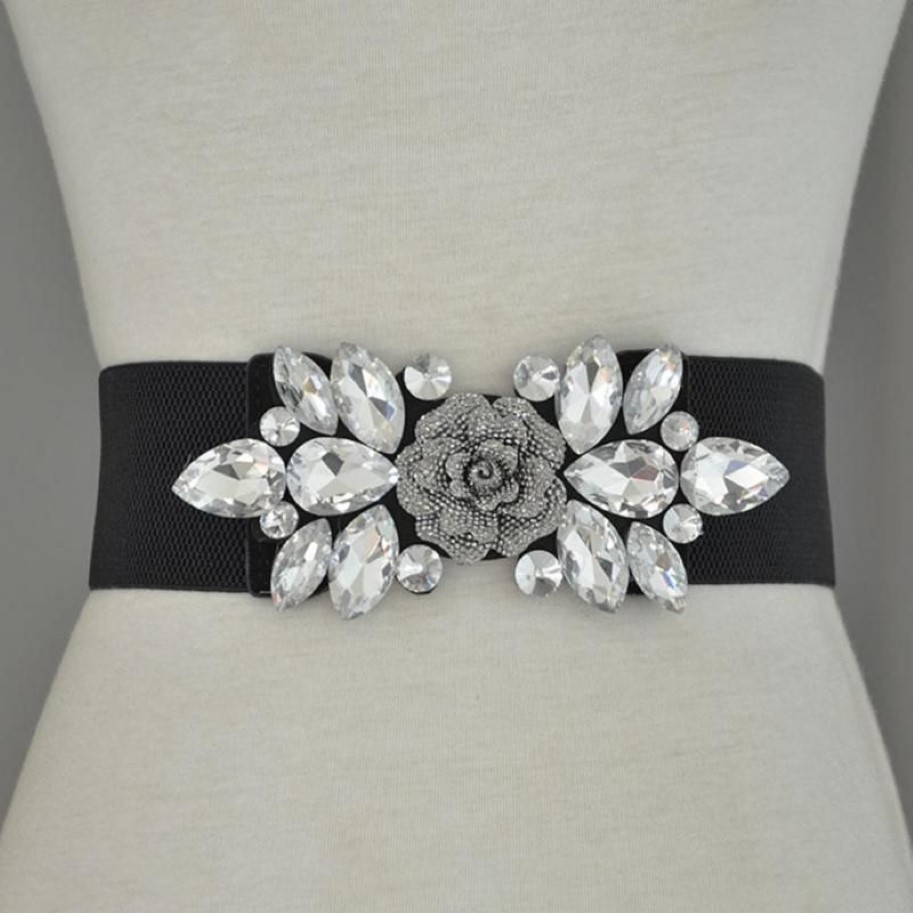 Riemen vrouwen bruiloftsfeest mode luxe bloemen buckle rhinestone elastische brede clinch riem tailleband2481