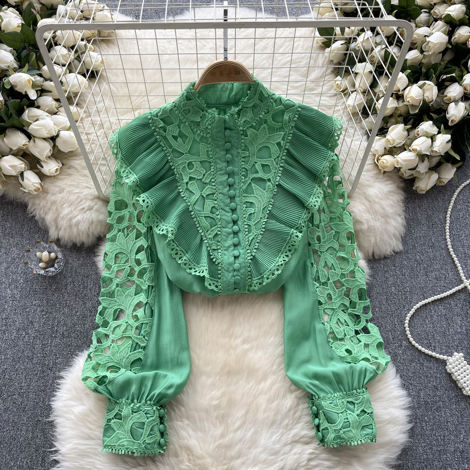 Women's Blouses High Quality Embroidery Vintage Shirt Women Stand Collar Long Sleeve Ruffles Sweet Top Hollow Out Lace Loose Blouse 2024