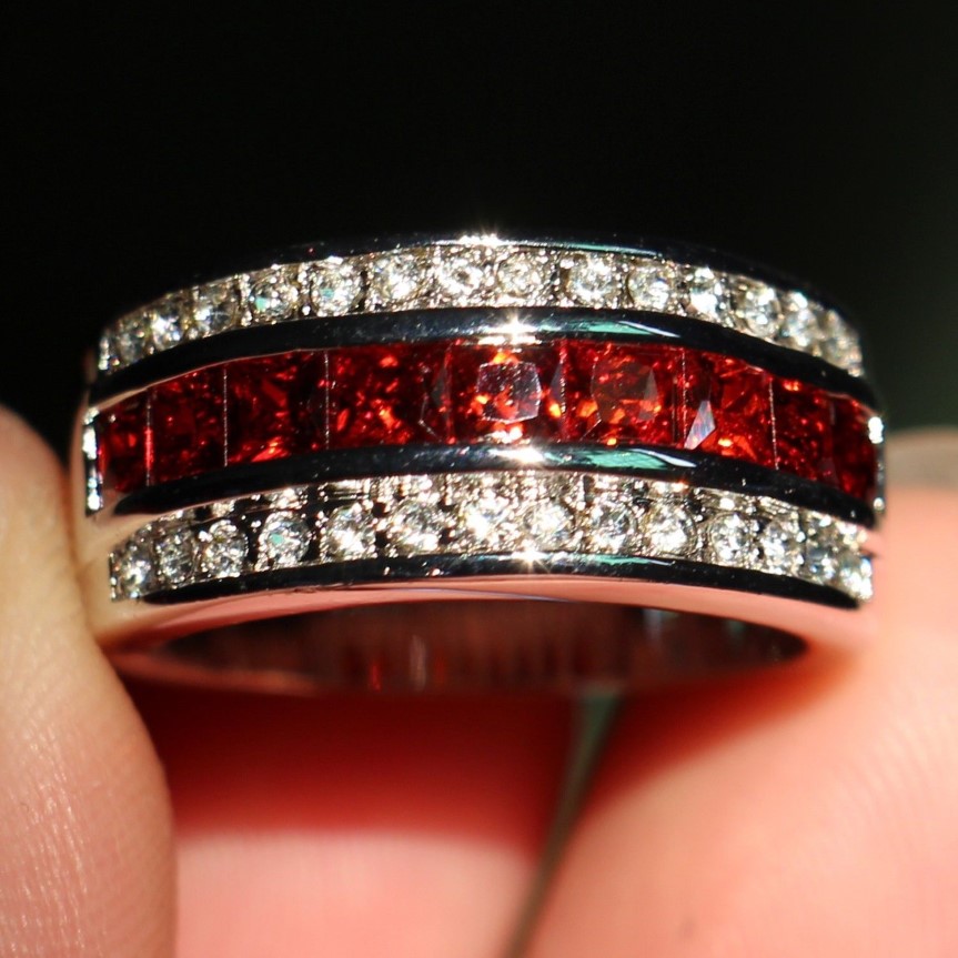 Size 8-12 Fashion Jewelry Antique Jewelry Men Garnet Diamonique Cz Diamond Gemstone 10KT White Gold Filled Wedding Band Ring gift 244D