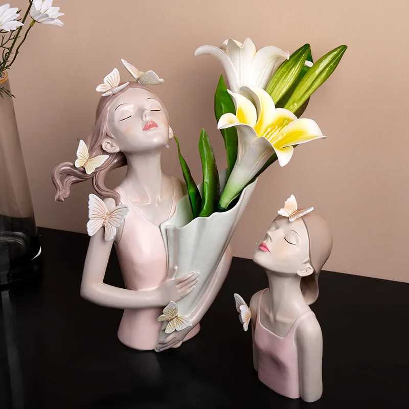 Objets décoratifs Figurines Northeuins Butterfly Girl Resin Sculpture Modèle de personnage Vase Vase Modern Stocker Statues Home Salon ACCESSOIRES DE DÉCORS DE BURANCE T2