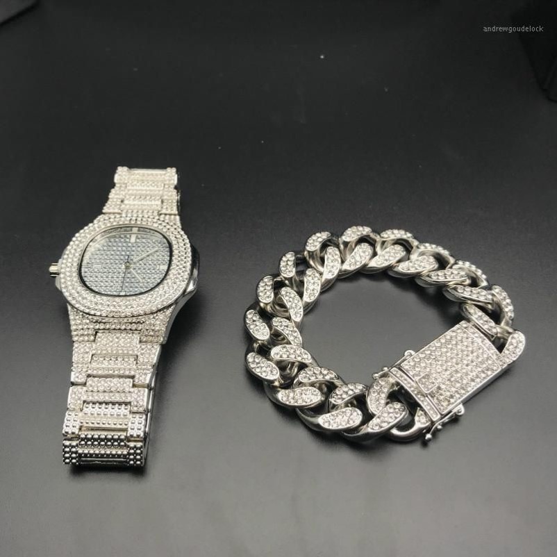 Hip Hop Mens Watches Bracelets Set Fashion Diamond Iced Out Cuban Chain Gold Silver Watch Set With Box 201912803