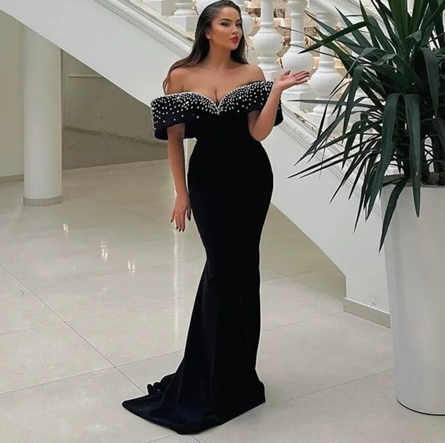 Arabic Black Mermaid Evening Pageant Dress Off The Shoulder Crystal Beaded Pleats Prom Formal Gowns Robe De Soiree Custom Made YD