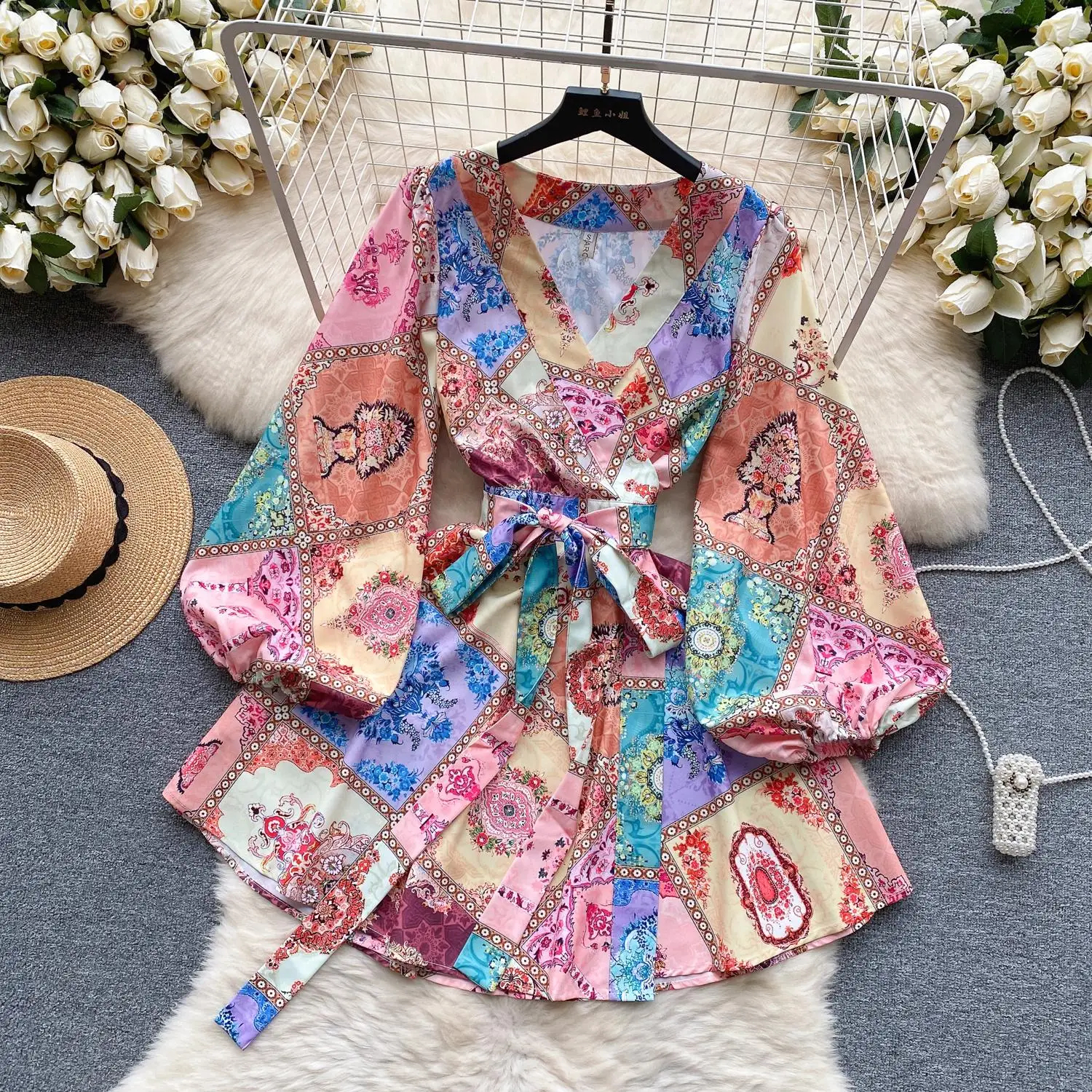 Casual Kleider Frauen Colorblock Wrap Mini Kleid Blumendruck V-ausschnitt Laterne Hülse Casual Strand Gürtel Lace Up Kurze Vestidos Dame Outfits 2024