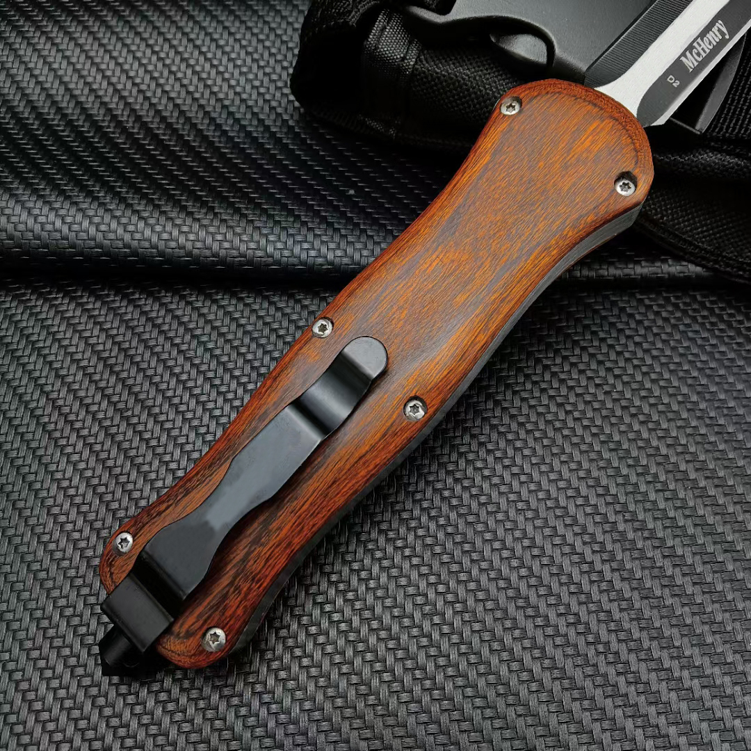 Coltello BM A019 OTF AUTO Lama in acciaio D2, lega di alluminio di zinco + legno di sandalo + manici a conchiglia colorata, coltelli da autodifesa da combattimento tattico esterno Strumento EDC