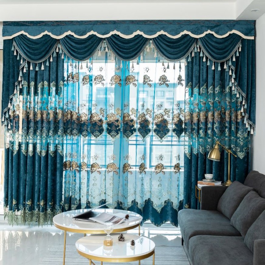 Cortinas para sala de estar de chenilla con bordado de terciopelo europeo, cortina moderna de tul para ventana, cenefa decorativa T200323263Z