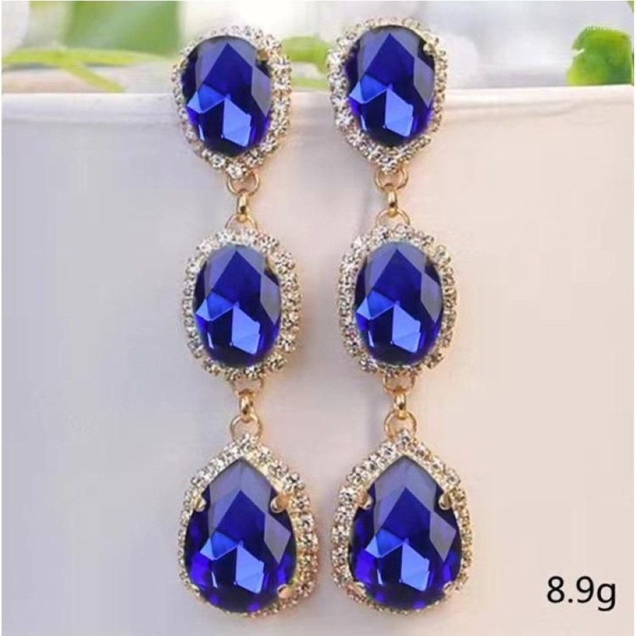Dangle Earrings Female Crystal Water Drop Stone Gold Plated Wedding Royal Blue Green Pink Zircon Long For Women186I