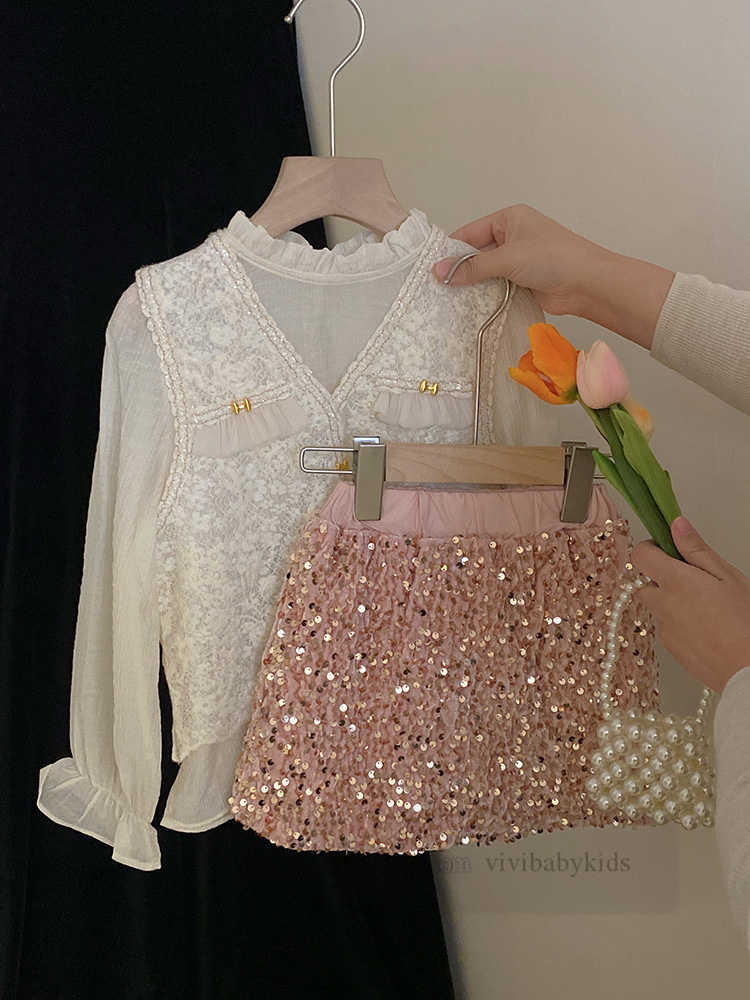 Set di vestiti da principessa bambina T-shirt con maniche svasate con colletto con volant bambini con gilet ricamato in pizzo 2 pezzi gonna corta con paillettes bambini Z7062