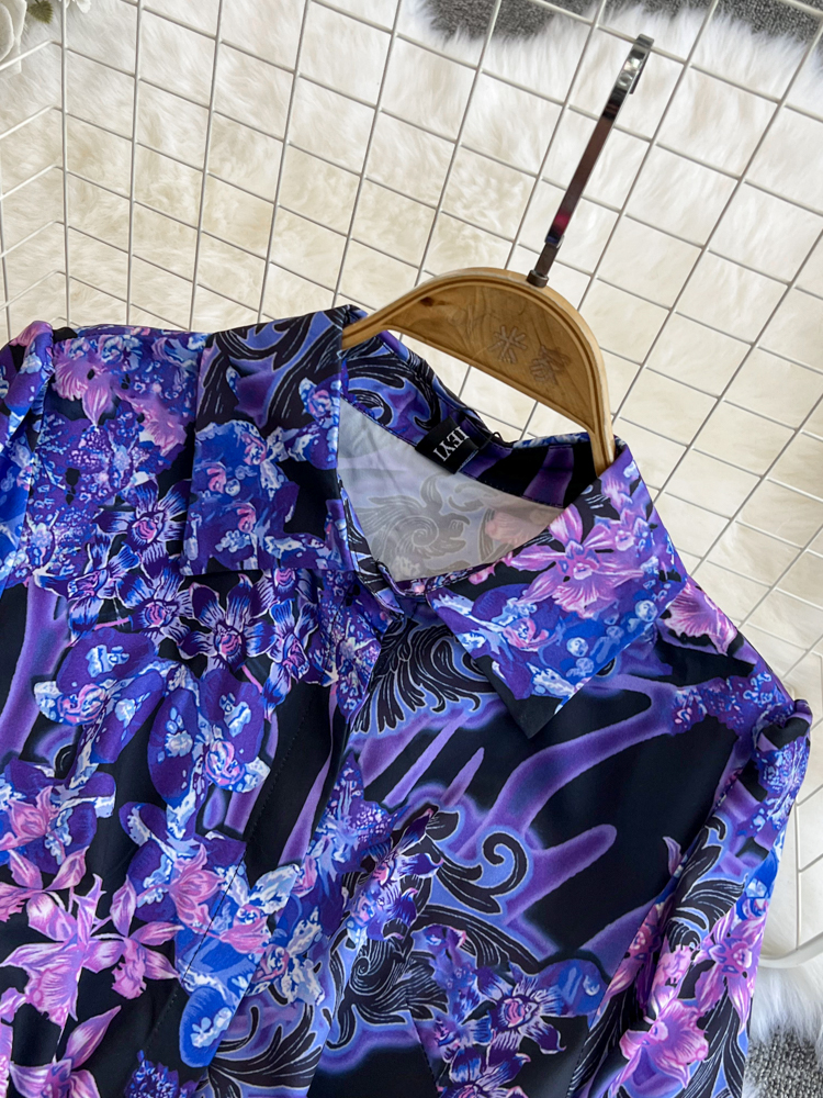 Kobiety swobodne sukienki Sukienka z koszulą jednorazową Turn Down Down Neck Długie rękaw Vintage Floral Print Belt Midi Party Vestidos 2024