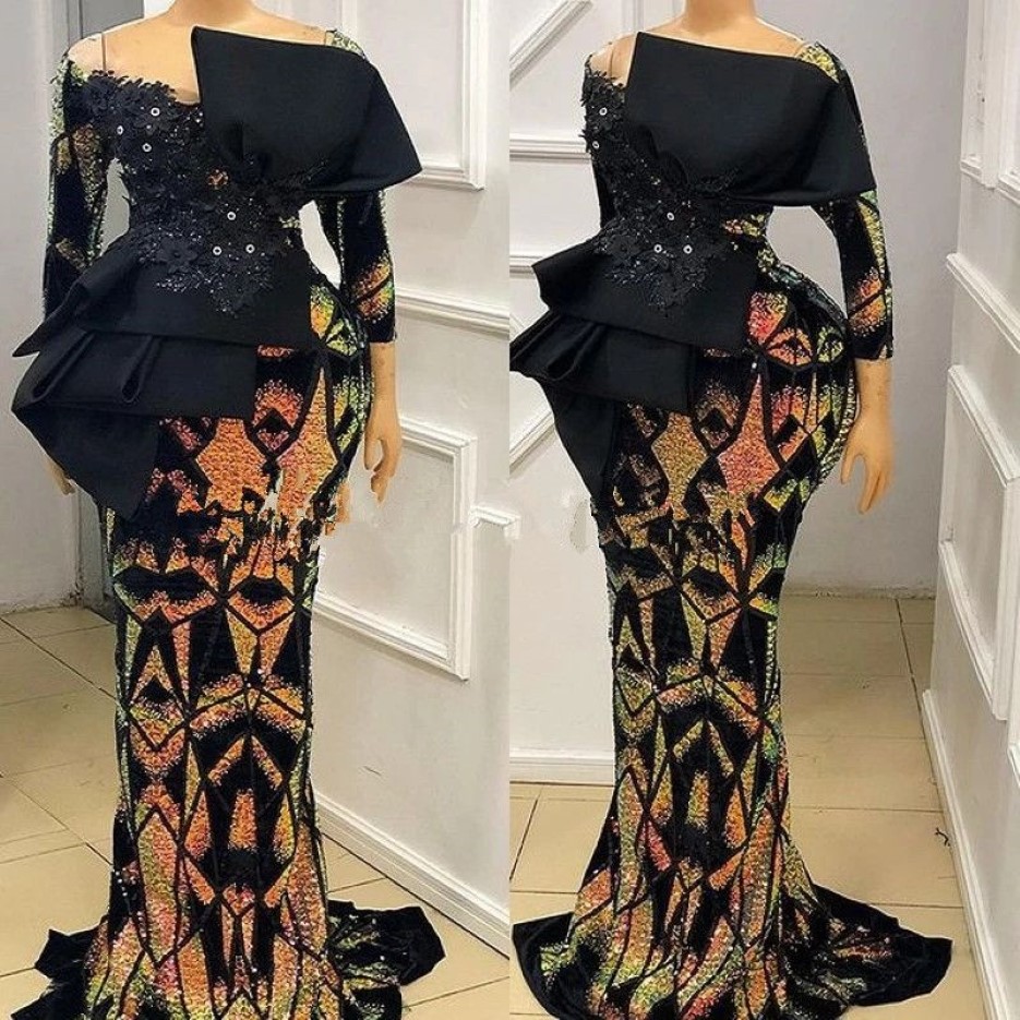 Elegant aso ebi aftonklänningar långa ärmar paljetter meramid sydafrikansk stil lång formell klänningar203i
