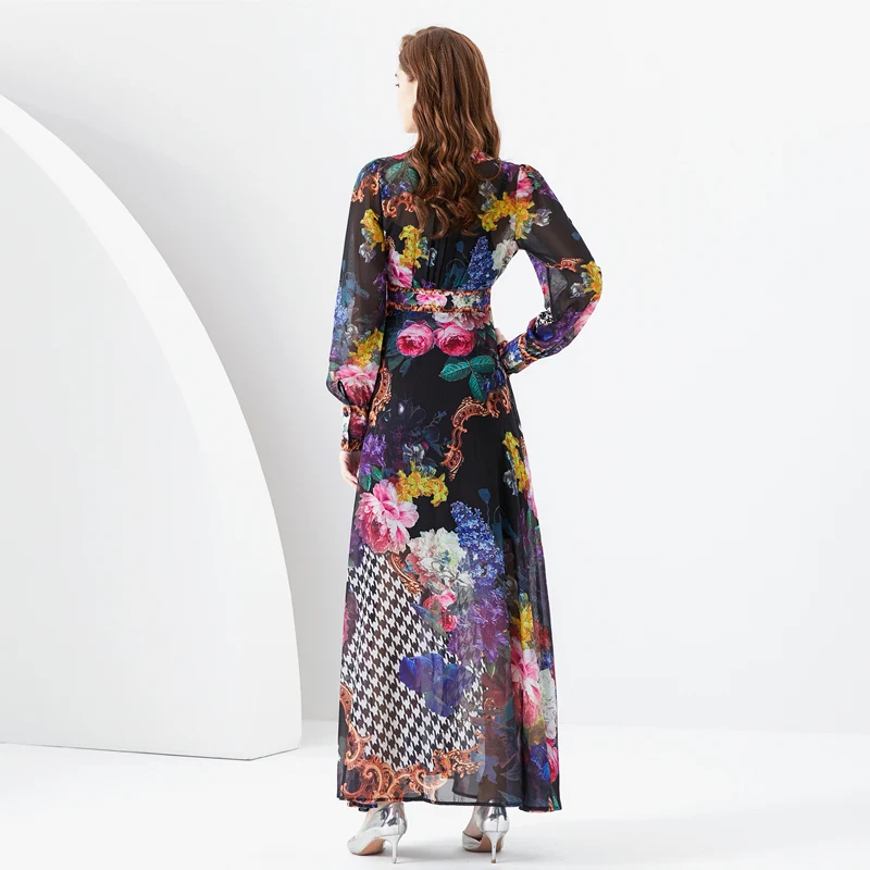 Grundläggande avslappnade klänningar Nya 2024 Summer Bohemian Chiffon Maxi Dress Women's Deep V-ringen Long Lantern Sleeve Floral Print Boho Robe Vestidos