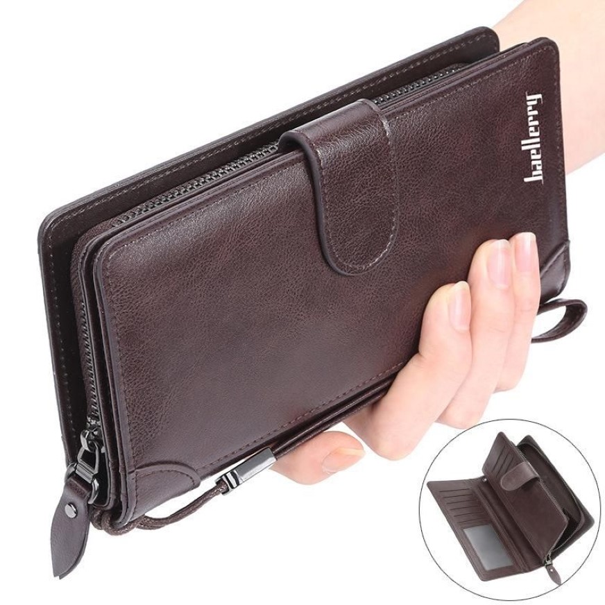 Portefeuilles grande capacité bracelet pochette hommes en cuir fermeture éclair téléphone portable longue portefeuille d'affaires homme Carteira porte-carte mâle Purse240O