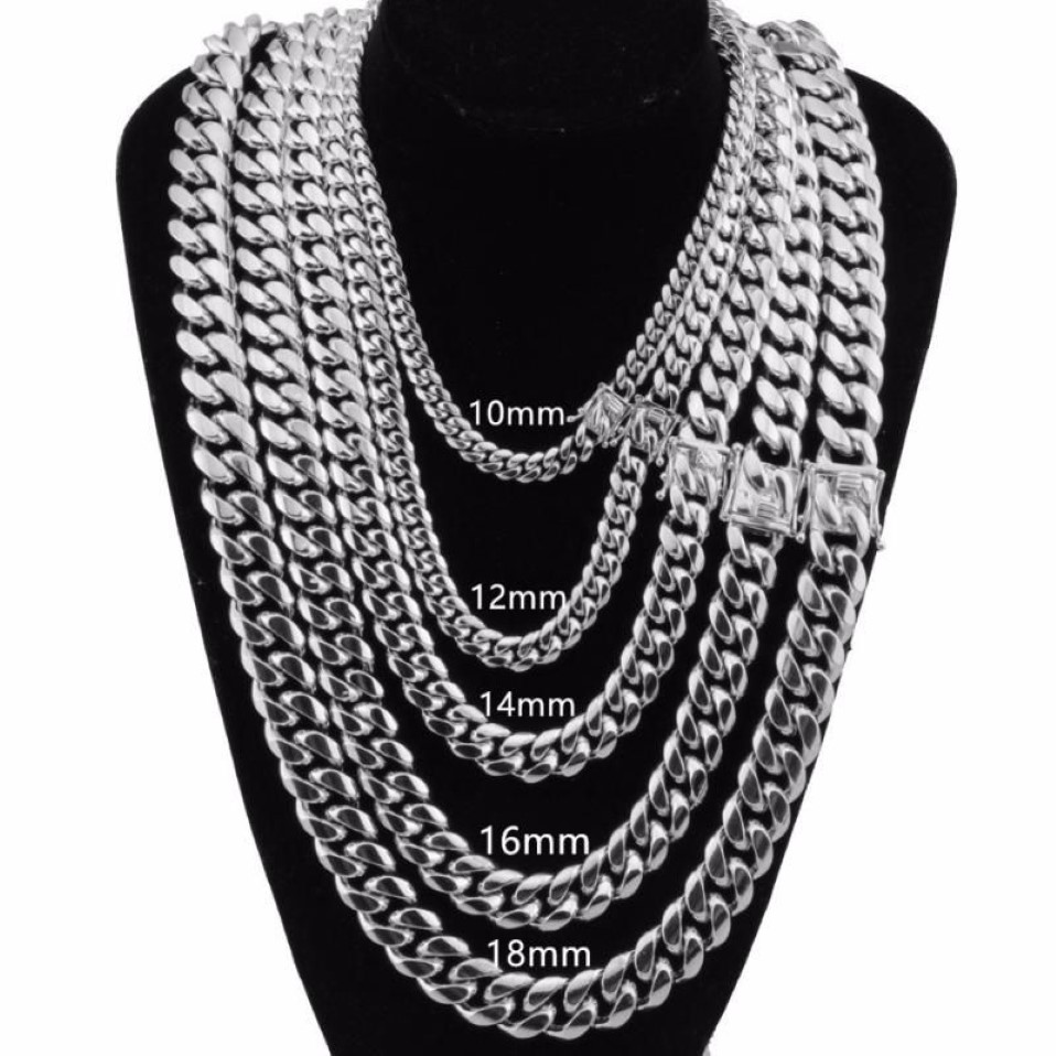 Kedjor 8-18mm bred 8-40-tums längd Mäns cyklist Silverfärg Rostfritt stål Miami Curb Cuban Link Chain Halsband eller armband 3197