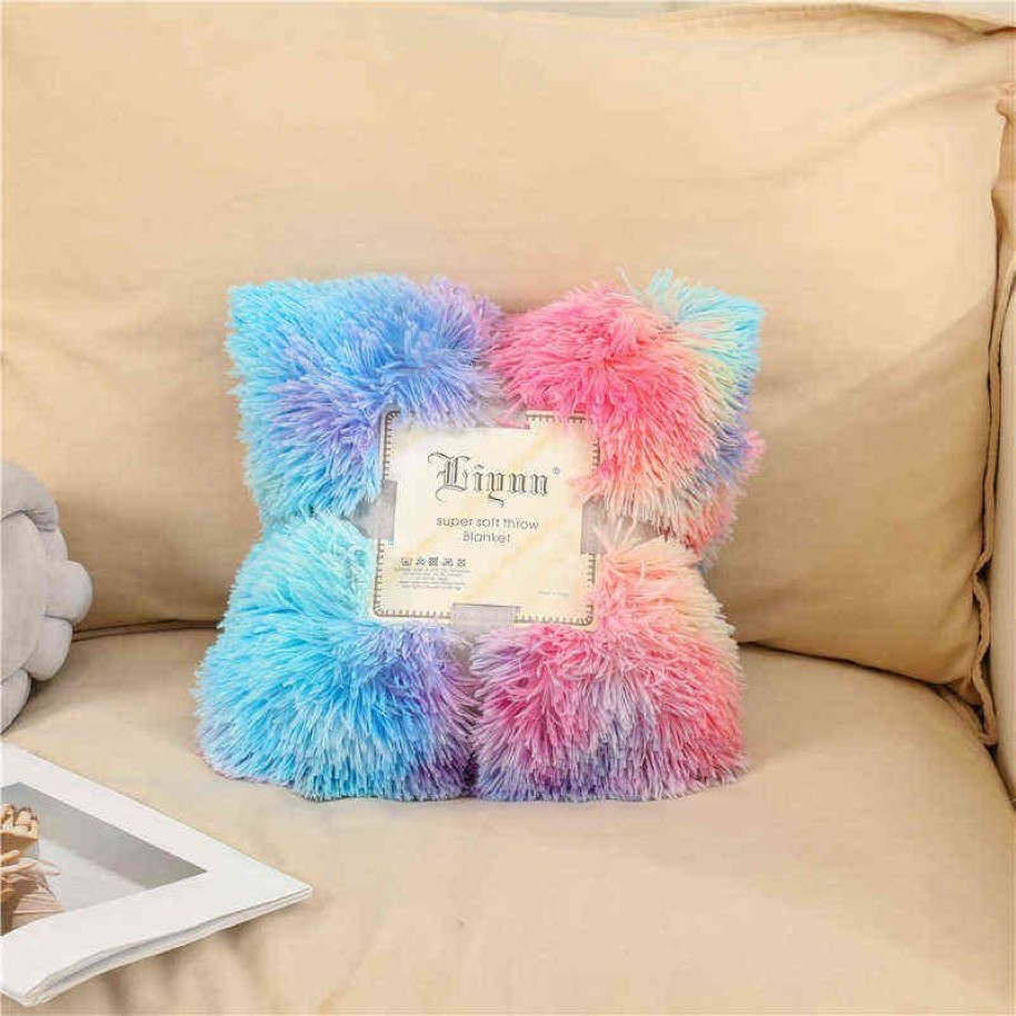 Couverture Double couche hiver confortable chaud longue peluche arc-en-ciel jeter couverture pour canapé-lit coloré fourrure moelleux cravate colorant couvre-lit 211227287Y