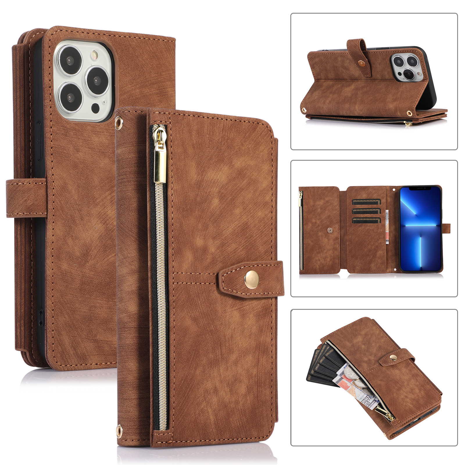 Leather Mobile Phone Case Hot Selling Phone Cases For iPhone 14 13 12 11 X Series Dream 9-Card Wallet Zipper Bag LXL10