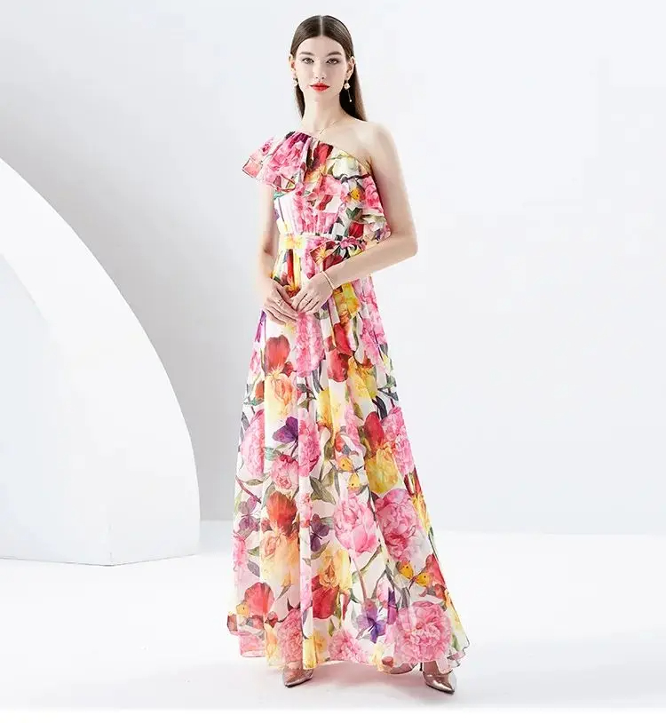 Sıradan Kadınlar Elbise Zarif 2024 Tatil Muhteşem Çiçek Şifon Uzun Elbise Yaz Kadınlar Ruffler Bir Omuz Çiçek Baskı Kanatları Maxi Robe Vestidos